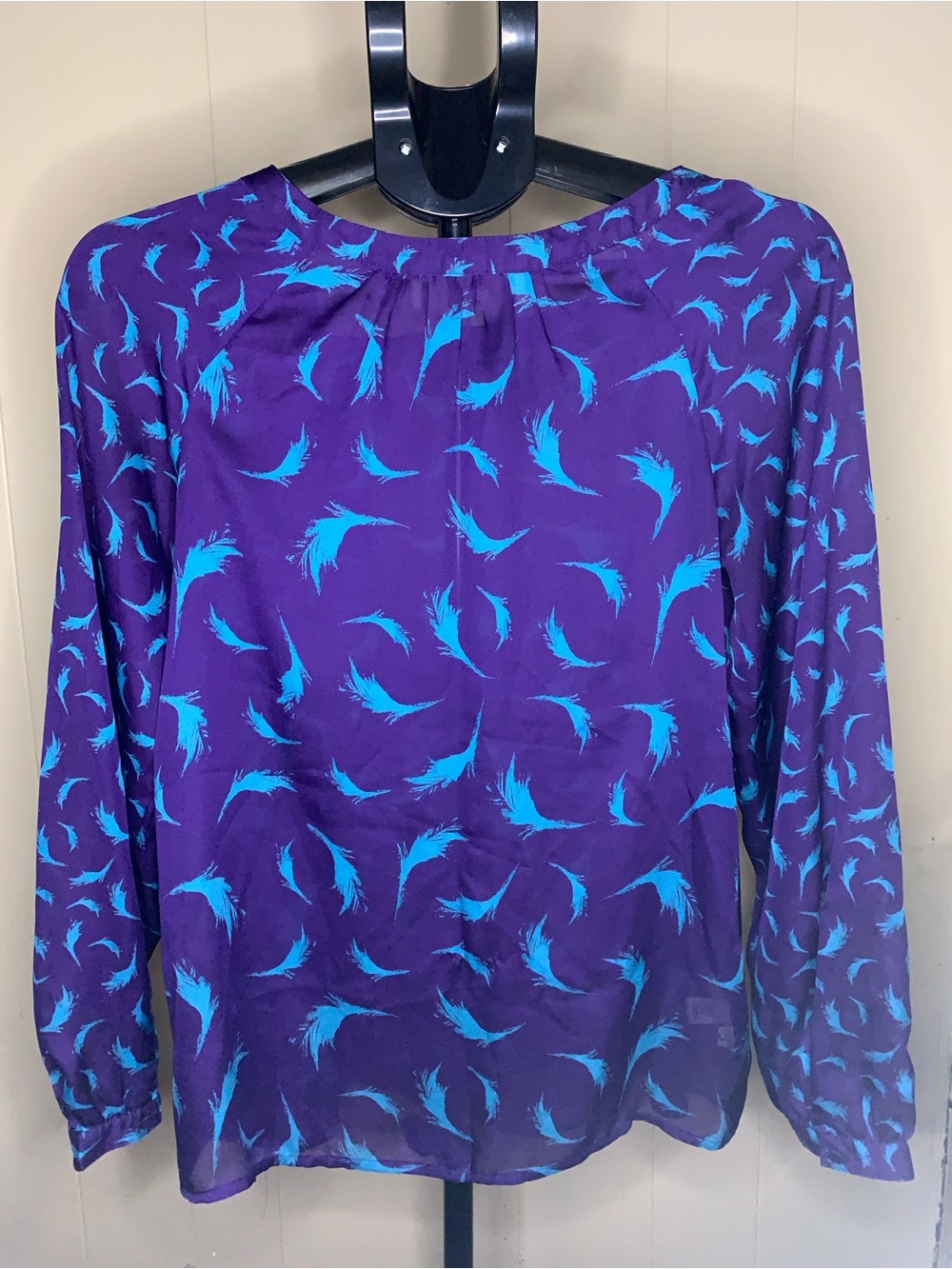 LOFT Purple Long-Sleeve Blouse with Bright Blue Feather Print and tie
